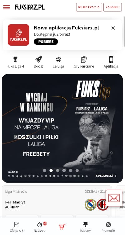 Po wejściu na stronę Fuksiarza łatwo znajdziesz opcję służącą do pobrania aplikacji mobilnej Strona mobilna Fuksiarza - przycisk do pobrania aplikacji