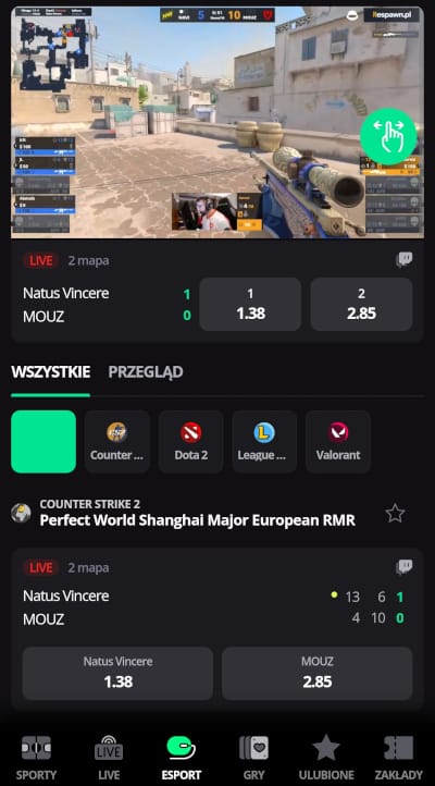 Obstawiając w aplikacji LV BET e-sport możesz jednocześnie śledzić rozgrywkę na darmowym streamie Aplikacja mobilna LV BET - zakłady na e-sport