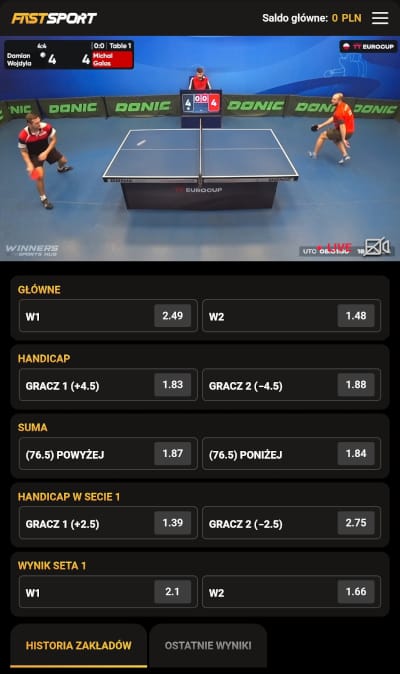 W ofercie Fast Sport obstawia się rywalizację prawdziwych zawodników - tu mecz tenisa stołowego: Damian Wojdyła vs. Michał Galas Aplikacja mobilna LV BET - zakłady na Fast Sport
