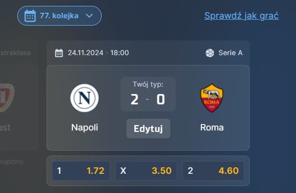 Wizjoner w STS - typ bukmacherski na 77. kolejkę (Napoli - AS Roma)