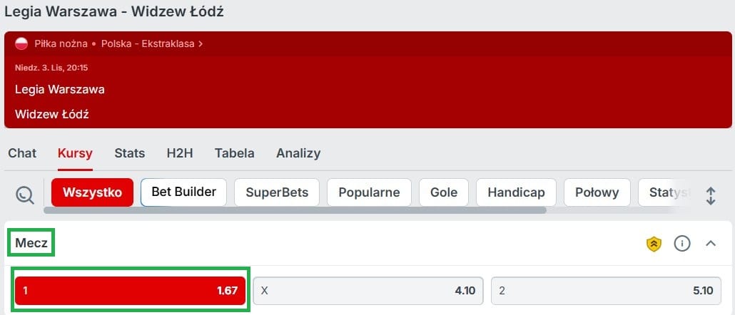 Kursy bukmachera Superbet i typ eksperta na zwycięzcę meczu Legia Warszawa – Widzew Łódź, dostępnego w Powitalnej promocji czasowej Superbet