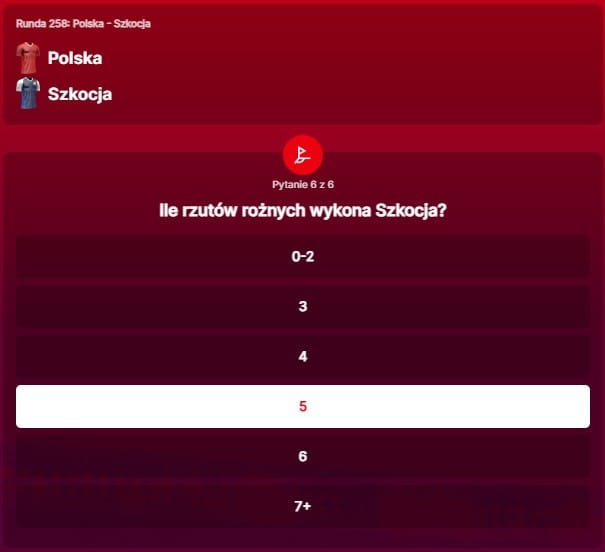 SuperGame w Superbet - typ bukmacherski na 258. rundę (Polska - Szkocja, rzuty rożne)