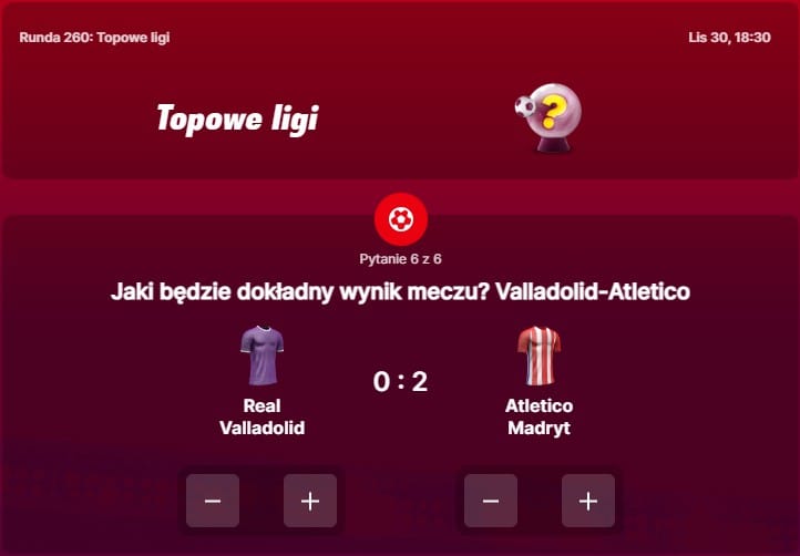 SuperGame w Superbet - typ bukmacherski na 260. rundę (Real Valladolid - Atletico Madryt)