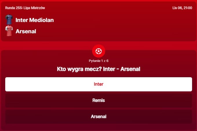 SuperGame w Superbet - typ bukmacherski na 255. rundę (Inter Mediolan - Arsenal)