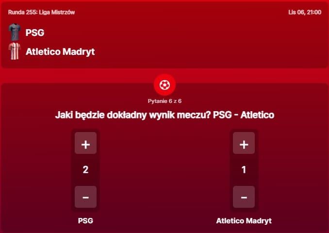 SuperGame w Superbet - typ bukmacherski na 255. rundę (PSG - Atletico Madryt)