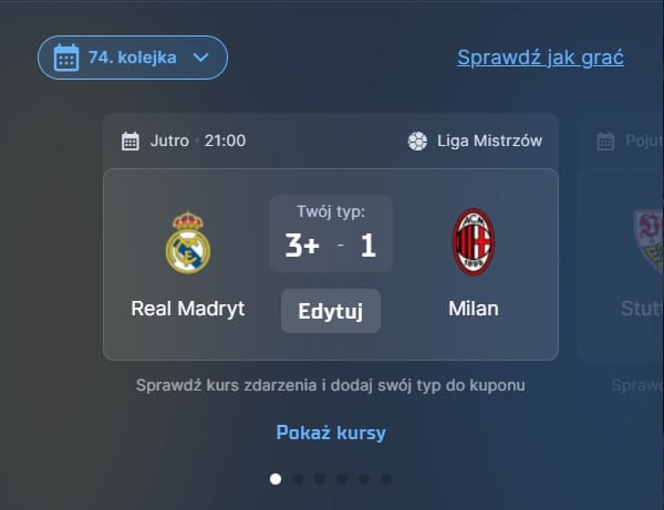 Wizjoner w STS - typ bukmacherski na 74. kolejkę (Real Madryt - AC Milan)