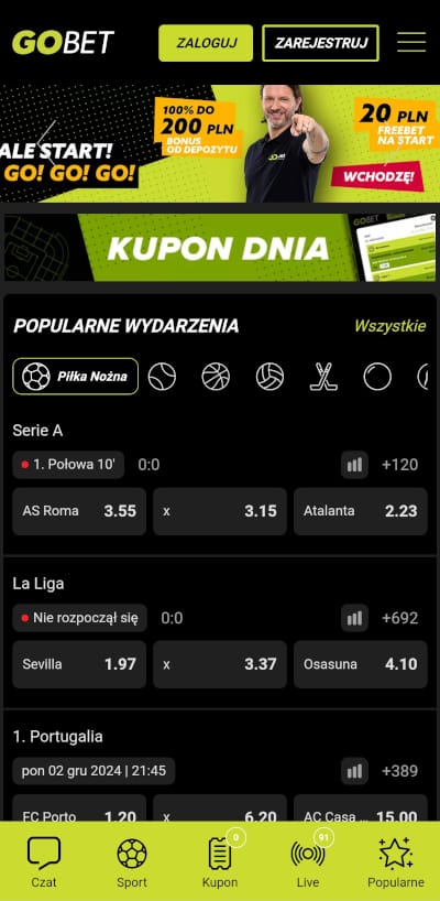 Na stronie startowej aplikacji GOBET znajdują się zakłady na hitowe mecze Aplikacja mobilna GOBET - strona startowa