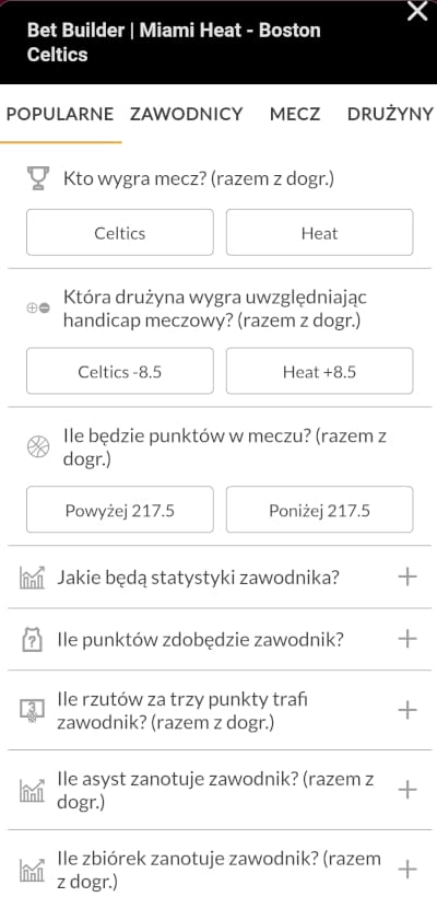 Świetny betbuilder dostępny jest w aplikacji GOBET także dla meczów koszykówki - tu oferta na NBA Aplikacja mobilna GOBET - betbuilder