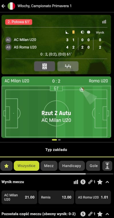 Aplikacja GOBET prezentuje bardzo ładne match-trackery dla wielu meczów z oferty live Aplikacja mobilna GOBET - match-trackery