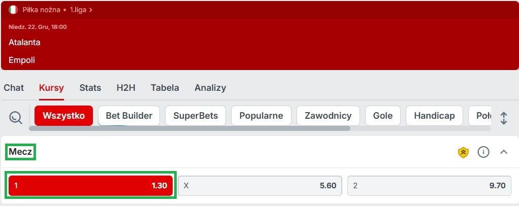 Kursy bukmachera Superbet i typ eksperta na zwycięzcę w meczu Atalanta - Empoli, dostępnego w Powitalnej promocji czasowej Superbet