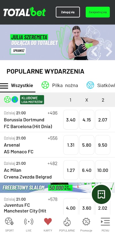 Aplikacja mobilna Totalbet jest przejrzysta i bardzo intuicyjna Totalbet - aplikacja mobilna strona główna