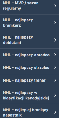 Dla NHL oferta zakładów sezonowych jest wyjątkowo bogata - tu fragment oferty STS Zakłady bukmacherskie na hokej długoterminowe - STS
