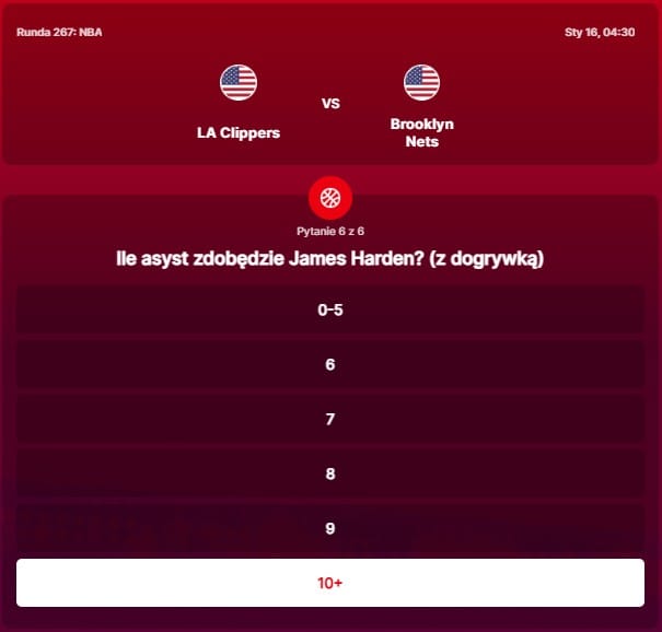 SuperGame w Superbet - typ bukmacherski na 267. rundę (Los Angeles Clippers - Brooklyn Nets)