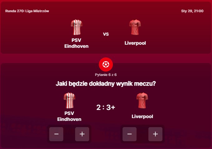 SuperGame w Superbet - typ bukmacherski na 270. rundę (PSV Eindhoven - Liverpool)