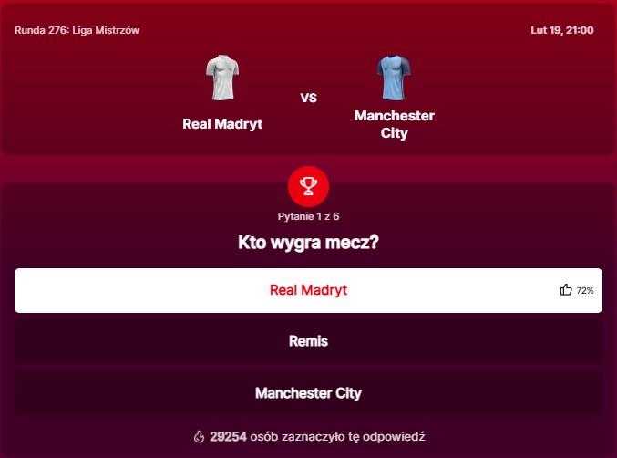 SuperGame w Superbet - typ bukmacherski na 276. rundę (Real Madryt - Manchester City)