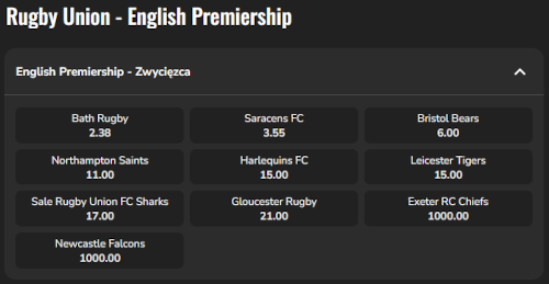 Zakłady bukmacherskie na rugby - Premiership - oferta PZBuk 