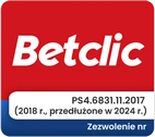 Logo bukmachera Betclic. Zezwolenie nr PS4.6831.11.2017 (2018 r., przedłużone w 2024 r.).
