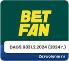 Logo bukmachera Betfan. Zezwolenie nr DAG9.6831.2.2024 (2024 r.).