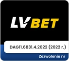 Logo bukmachera LV BET. Zezwolenie nr DAG11.6831.4.2022 (2022 r.).