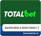Logo bukmachera TOTALbet. Zezwolenie nr DAG10.6831.3.2023 (2023 r.).