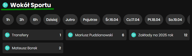 Oferta zakładów "Wokół Sportu" w Betfan - widok wszystkich kategorii.
