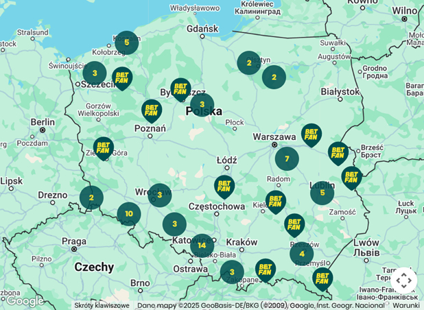 Punkty stacjonarne bukmachera Betfan - lokalizacje wszystkich lokali zaznaczone na mapie Polski.