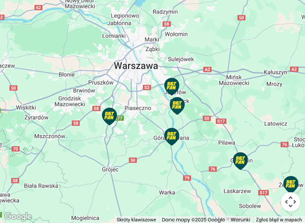 Punkty stacjonarne Betfan w Warszawie i okolicach, zaznaczone na mapie Polski.