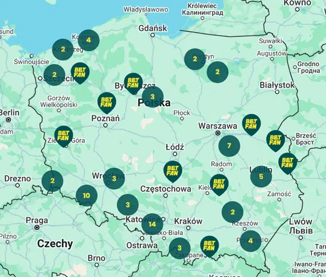 Mapa punktów stacjonarnych bukmachera Betfan w całej Polsce.