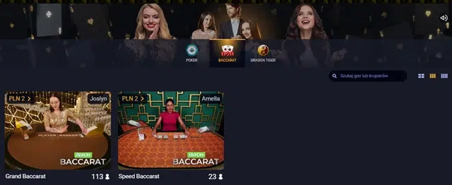 Sekcja bakarata w dziale gier karcianych Fortuny, Bet On Games. Dwie gry: Grand Baccarat i Speed Baccarat.