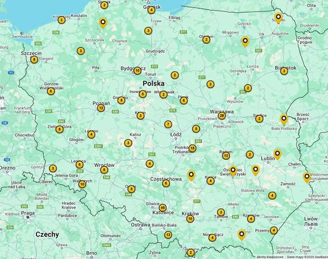 Mapa punktów stacjonarnych bukmachera Fortuna w całej Polsce.