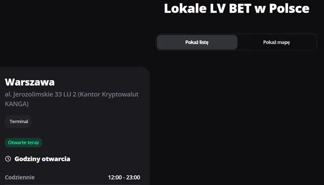 Lista punktów stacjonarnych bukmachera LV BET w Polsce. Adres i godziny otwarcia.