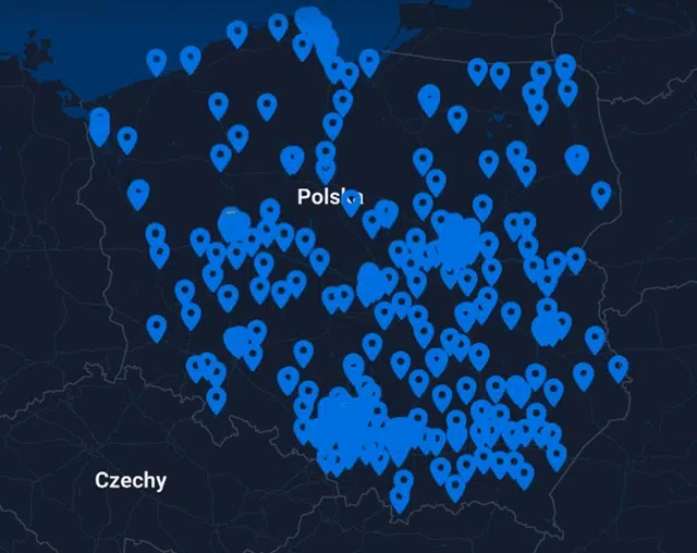 Mapa punktów stacjonarnych bukmachera STS w całej Polsce.