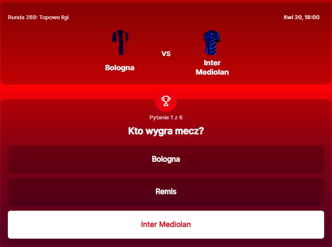 SuperGame w Superbet - typ bukmacherski na 289. rundę (Bologna - Inter Mediolan)