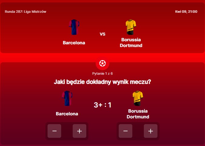 SuperGame w Superbet - typ bukmacherski na 287. rundę (FC Barcelona - Borussia Dortmund)