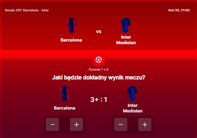 SuperGame w Superbet - typ bukmacherski na 291. rundę (FC Barcelona - Inter Mediolan)