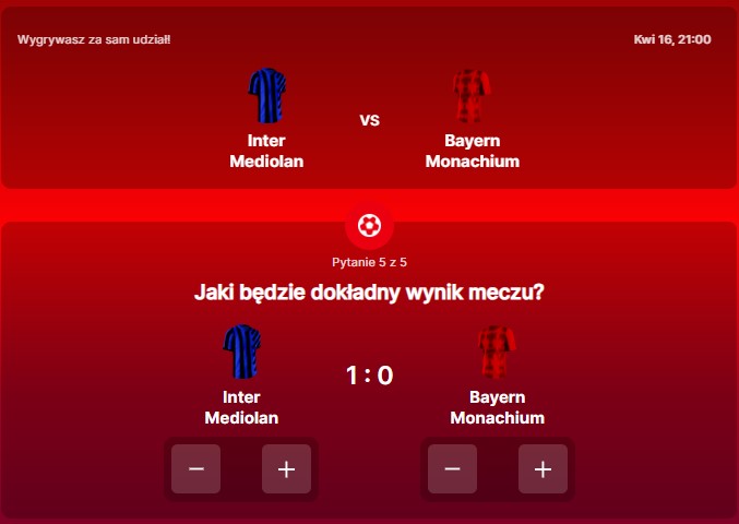 SuperGame w Superbet - typ bukmacherski na 288. rundę (Inter Mediolan - Bayern Monachium)