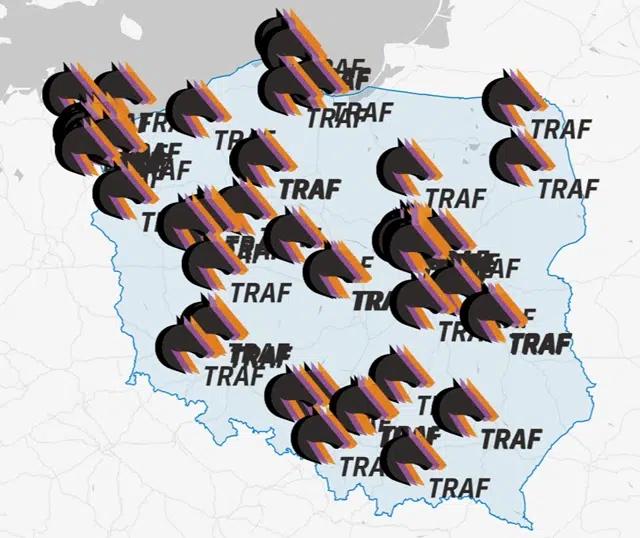 Mapa punktów stacjonarnych bukmachera Traf w całej Polsce.