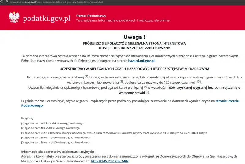 Zrzut ekranu witryny komunikatu polskiego Ministerstwa Finansów: "Próbujesz się połączyć z nielegalną stroną internetową. Dostęp do strony został zablokowany.".
