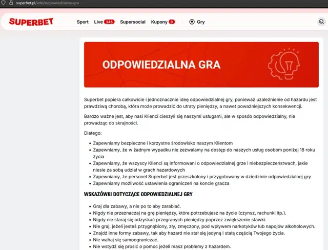 Fragment Regulaminu odpowiedzialnej gry bukmachera Superbet